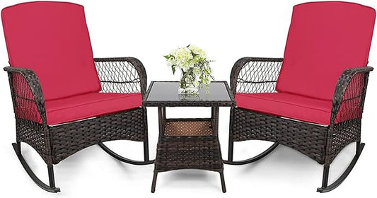 LEVELEVE 3 pcs Rocking Bistro Set Conversation Chairs PE Wicker Outdoor Rocking by Enjoyyourlife