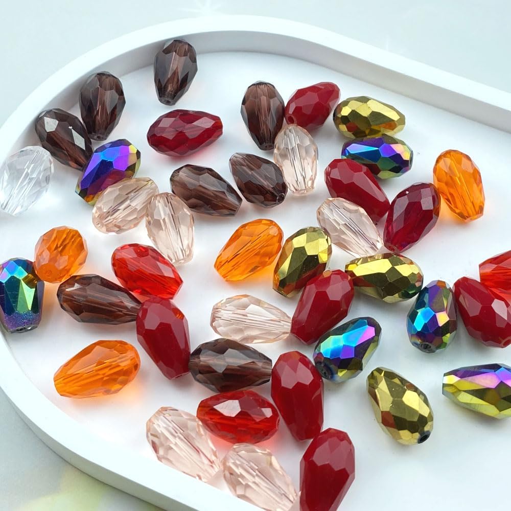 70pcs 8x12mm Teardrop Crystal Glass Beads Vertical Hole Faceted Loose Spacer Beads for DIY Craft Jewelry Making Necklace Bracelet Earring Wind Chimes(Red Series)