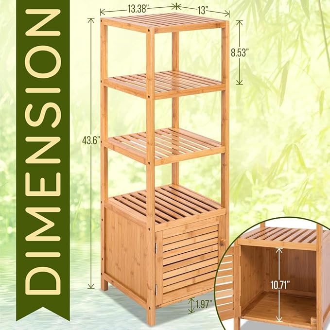 SereneLife 5-Tier Bamboo Bathroom Storage, Corner Slim Rack Cabinet Organizer - Image 2