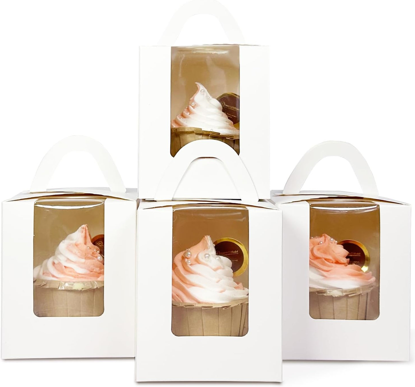 Bakepacker Auto-pop up Individual Cupcake Boxes with Window 25 Count White Single Cupcakes Box 3.6 x 3.6 x 4.3inch Cupcake Carrier