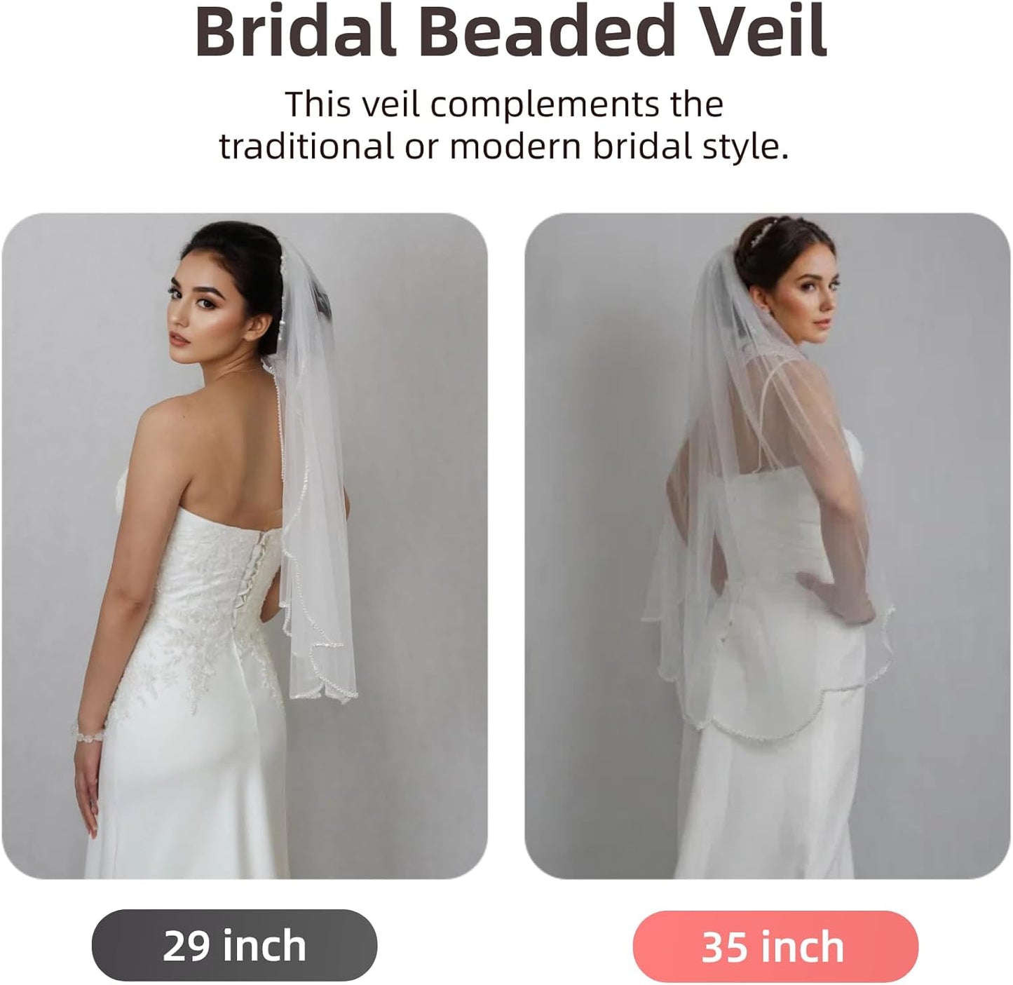 Bridal Veils Pearls and Crystals Beaded Edge Fingertip Length Wedding Veil for Women
