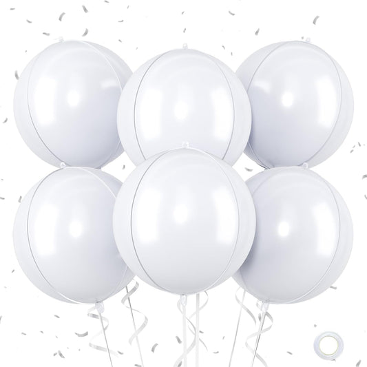 Giant 4D Foil Balloons, 6Pcs Large Metallic White Round Balloons, 22 Inch Big Round Foil Balloon for White Birthday Party Baby Shower Wedding Decorations