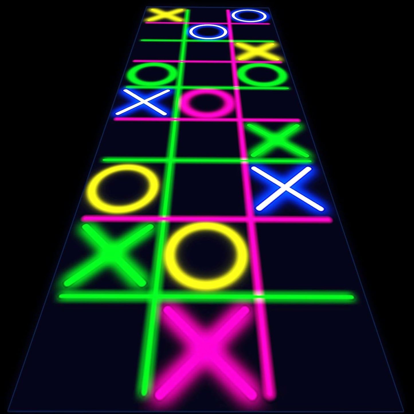 Haull 118 x 39 Inch Neon Light up Dance Floor Glow in The Dark Runner UV Reactive Blacklight Floor Aisle Runner Decor Wall Props for 80s 90s Neon Birthday Party Decorations(Tic Tac Toe)