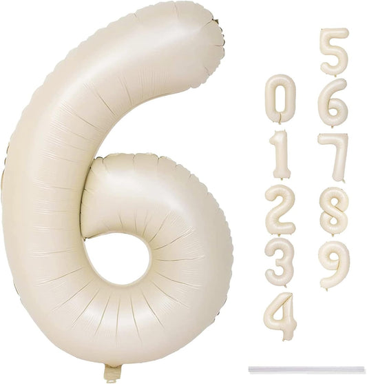 Cream Number Balloons, 40inch Large Beige Number 6 Foil Mylar Helium Balloons for Girls Women, Ivory White Self Inflating Number Balloons 0-9 for Men Boys Birthday Party Celebration Decoration