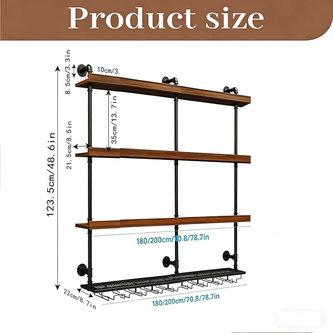 Wall Mounted Wine Rack with LED Lights, 4-Tier Industrial Wood Floating Shelves - Image 2