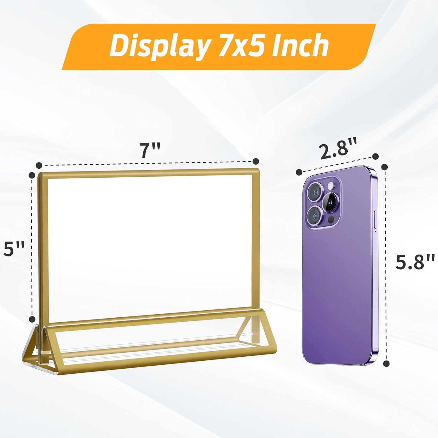 Smarpau 7x5 Gold Acrylic Sign Holder, 16 Pack Wedding Table Number Holders with Horizontal Stand, Double Sided Photo Picture Frames Stands, Flyer Stand, Paper Display Stand for Cafe, Restaurant