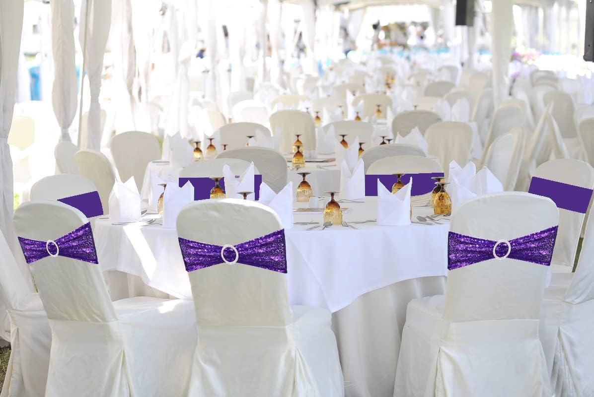 25 Pcs Chair Sashes Sequin Stretch Chair Bands Spandex Polyester Bows for Party Hotel Wedding Banquets Decoration - Purple