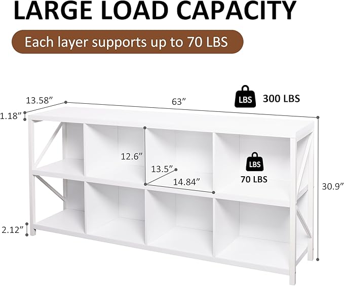 8 Cube Storage Organizer Bookshelf, Industrial Horizontal Bookcase, Accent - Image 2