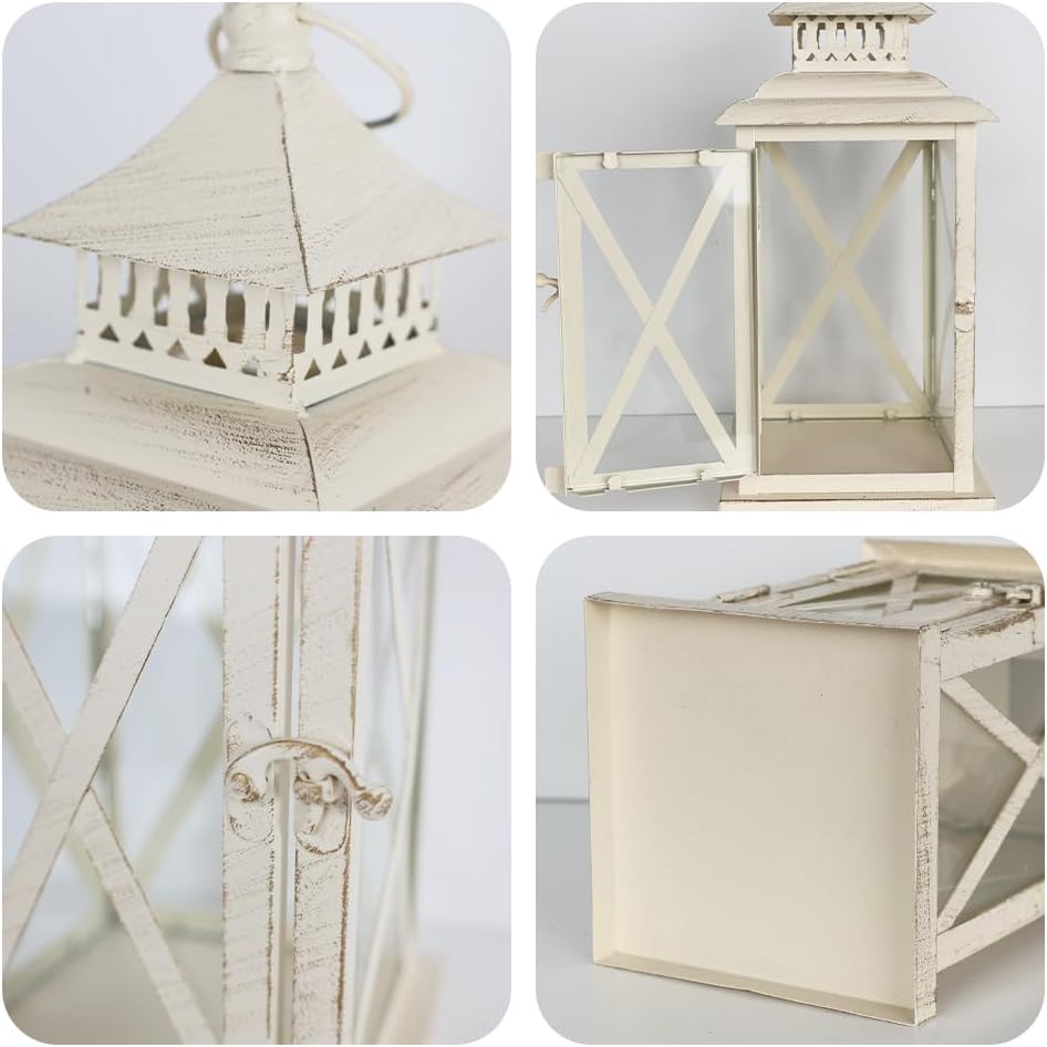 Lanterns Decorative Outdoor&Indoor, Set of 2 (14"&10") Beige Metal Lantern Decor with Glass, Candle Holder for Porch, Patio, Garden, Balcony, Wedding, Table Centerpiece