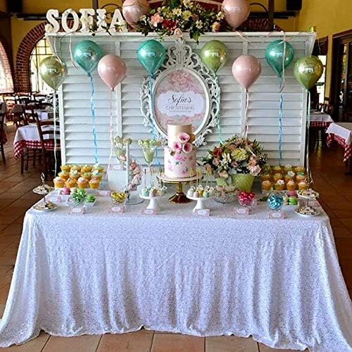 QueenDream Sparkly Sequin Tablecloth - White Table Cloth 50x80 Inches Rectangle Table Overlay Fabric for Birthday Parties Baby Shower Decoration