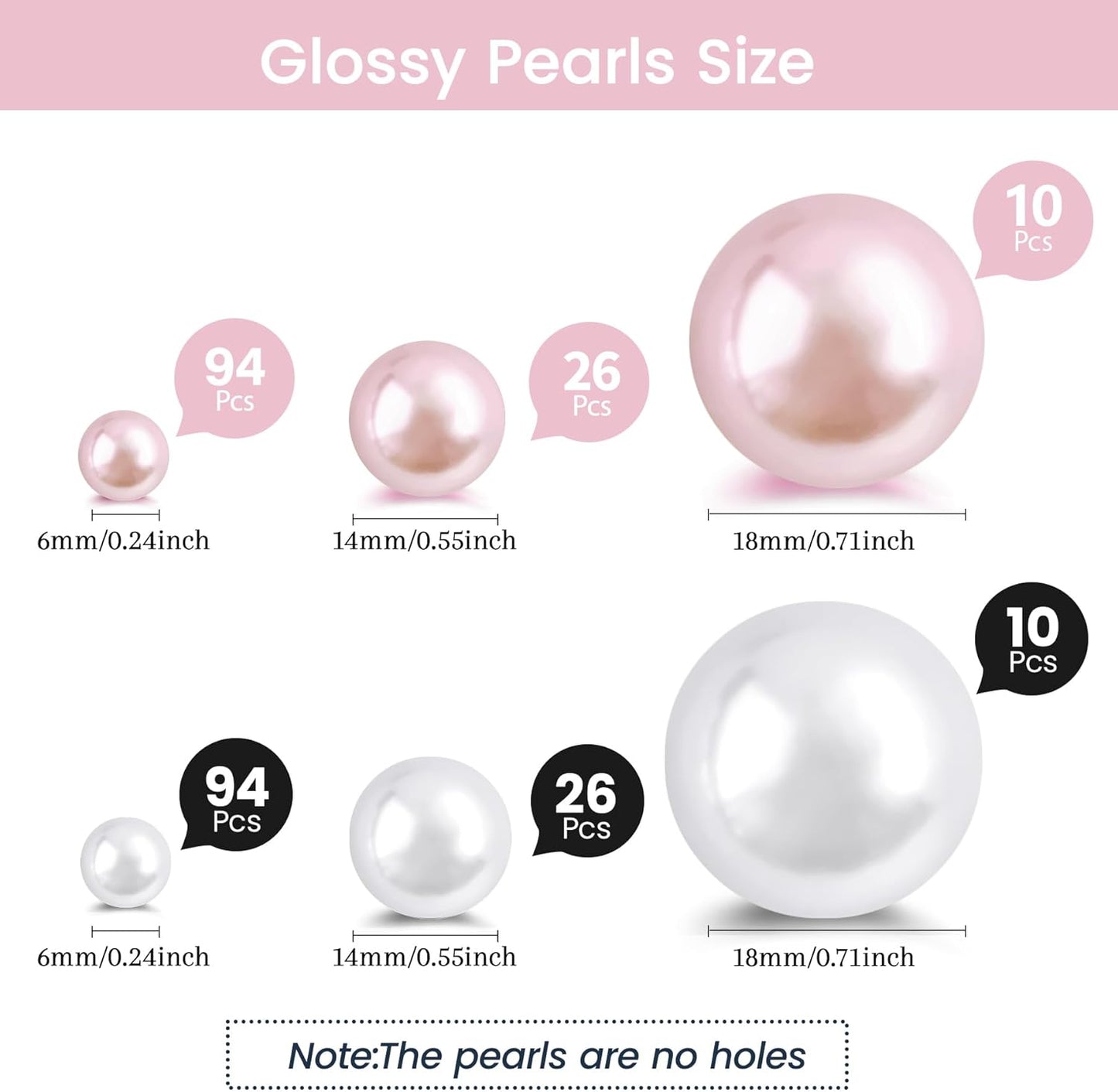 260Pcs White and Pink Glossy Beads for Centerpiece Decor, Artifical Pearls Vase Filler, No Hole Round Pearl Beads for Wedding Birthday Christmas Party Home Decor(18/14/6mm)