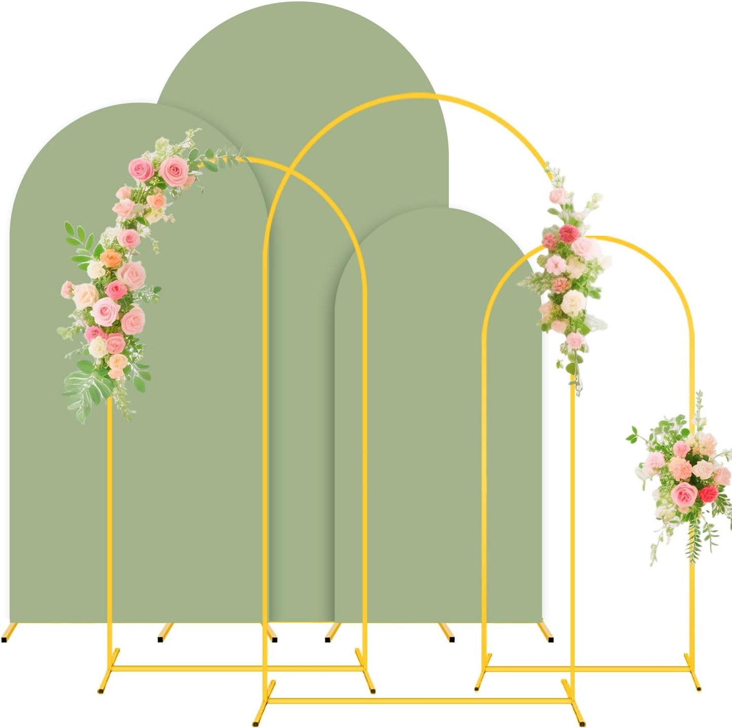 FUHSY Wedding Arch Backdrop Stand and Sage Green Arch Cover Set of 3 (6FT, 5FT, 4FT) Metal Arches Stable Frame Stands with Spandex Backdrop Cover for Birthday Party Bridal Baby Shower Decor