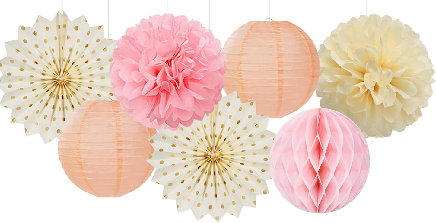 Pink Peach Gold Party Decorations - 14pcs Bridal Baby Shower Girls Birthday Paper Lanterns Fan,Tissue Pom Poms Streamers,Honeycomb Balls,Engagement Wedding Bachelorette Brunch Decor Lasting Surprise