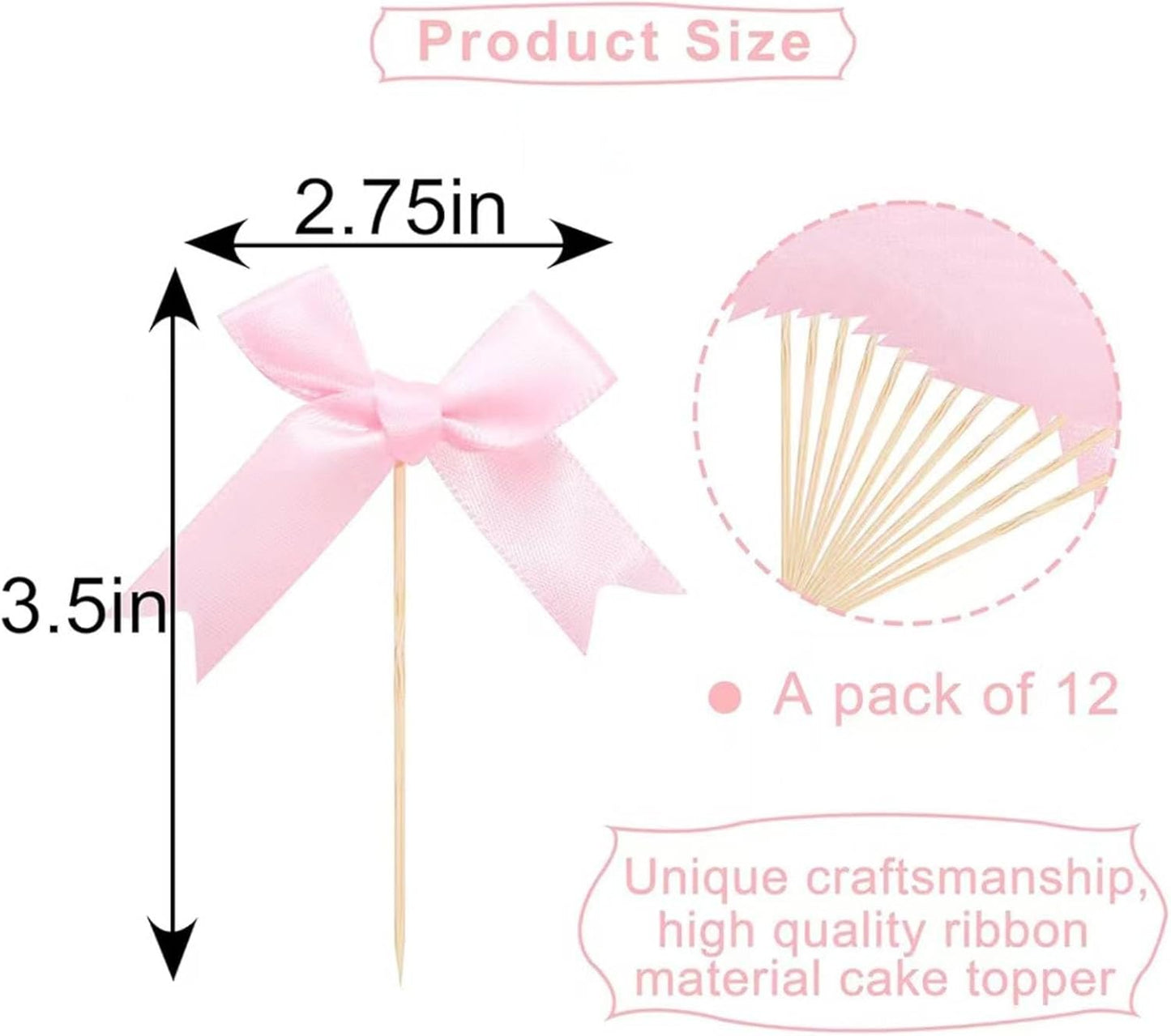 Pink Bow Cupcake Toppers,12 PCS Pink Birthday Decoration,Bow Themed Party Decorations Coquette Birthday Cake Decoration for Bachelorette Bridal Engagement Wedding Baby Shower Party Decor
