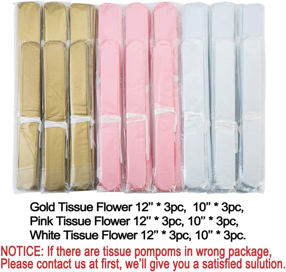 MOWO Paper Flower Tissue Pom Poms Baby Shower Party Supplies (Gold,Pink,White,18pc)