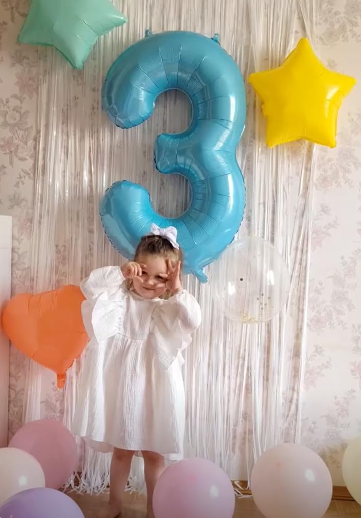 40 Inch Pearl Blue 3 Large Number Balloon, 3 13 23 30 33 36 38 Pearl Blue Birthday Party Decorations, Number Three Foil Balloons for Anniversary Party Graduations Celebration Supplies