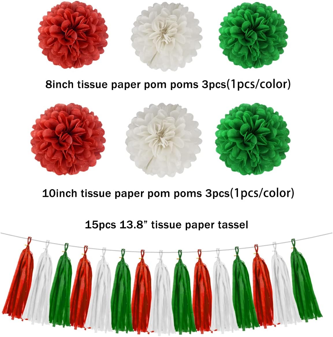 Red White Green Christmas Decorations - 23pcs Tissue Paper Flowers Pom Poms Tassel Garland Banner 3D Christmas Tree Paper Streamers Birthday Party Decorations For Home Indoor Outdoor Hanging Decor
