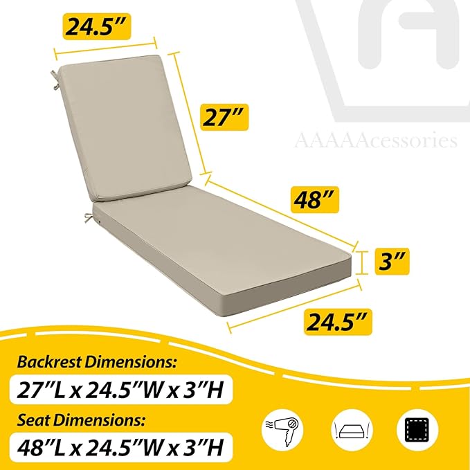 AAAAAcessories Outdoor Chaise Lounge Cushions, Fade-Resistant, Waterproof Patio - Image 5