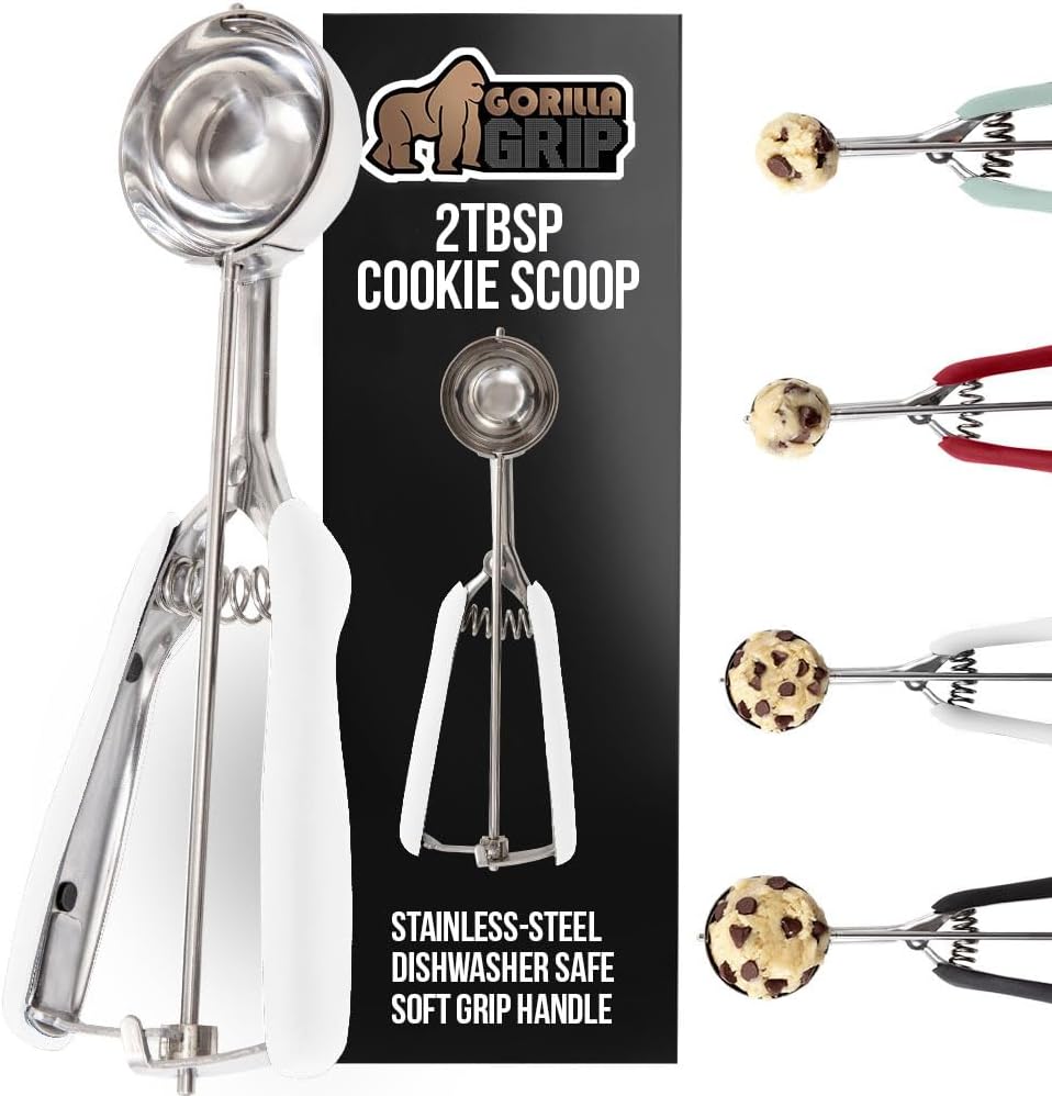 GORILLA GRIP Stainless Steel Multipurpose BPA-Free Spring Scoop, 2 TBSP, Melon Ballers, Cookie Dough Scoops, Perfect Portion Sizes, Easy Squeeze and Clean Release, Scooper Size 40, White