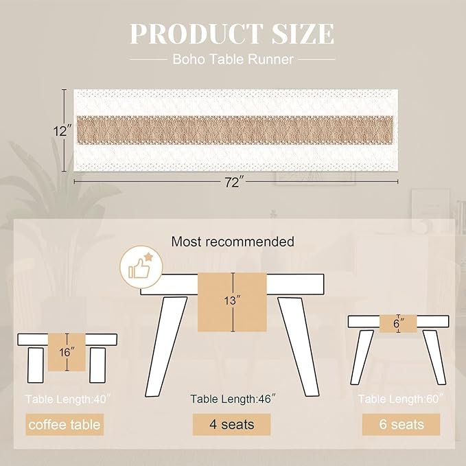 FEXIA Boho Table Runner for Home Coffee Decor 72 Inches Long Farmhouse Rustic - Image 2
