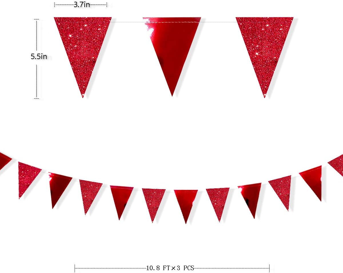 30Ft Red Party Decorations Glitter Metallic Paper Triangle Banner Flag Pennant Bunting for Graduation Wedding Engagement Anniversary Bachelorette Birthday Bridal Shower Valentines Hen Party Supplies