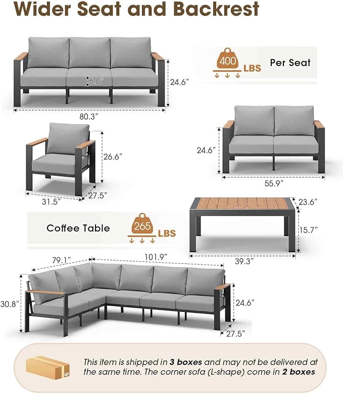 Aluminum Outdoor Patio Furniture Set 6 Seats, Outdoor Sectional Corner Sofa - Image 3