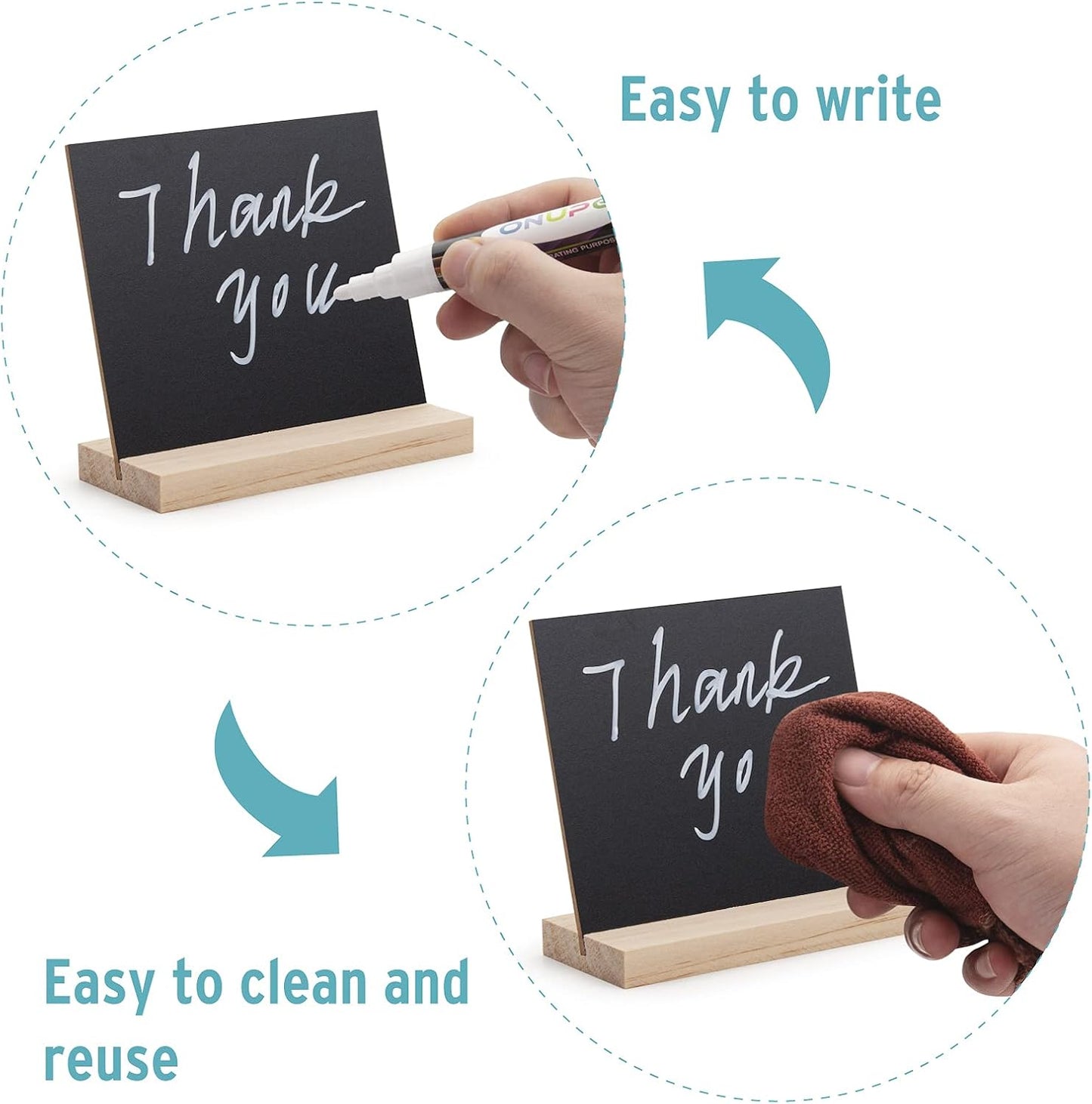 ONUPGO Chalkboard Signs with Wood Base Stands, 10X12cm Vintage Wooden Tabletop Decorative Chalkboard Sign, Message Chalkboard Sign for Party, Restaurant, Wedding, Set of 6