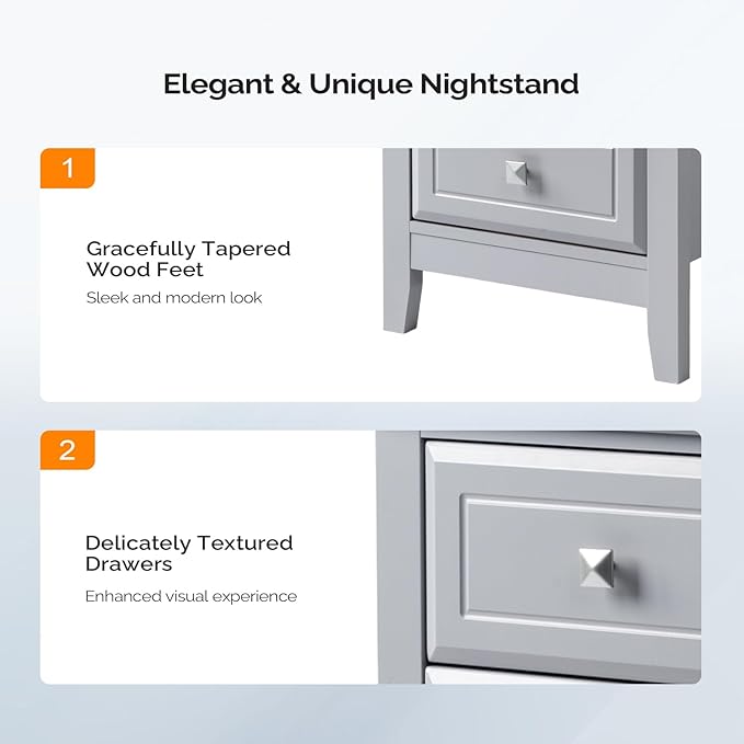 Bonnlo Gray Nightstand with 3 Drawers, Modern Night Stand - Image 4