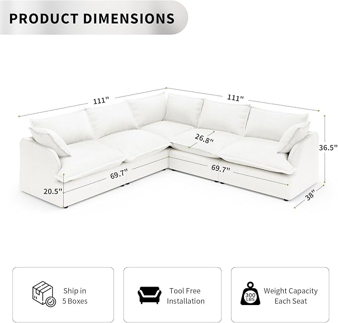 5 Seat V Shape Modular Sectional Couch Sofa - Image 2