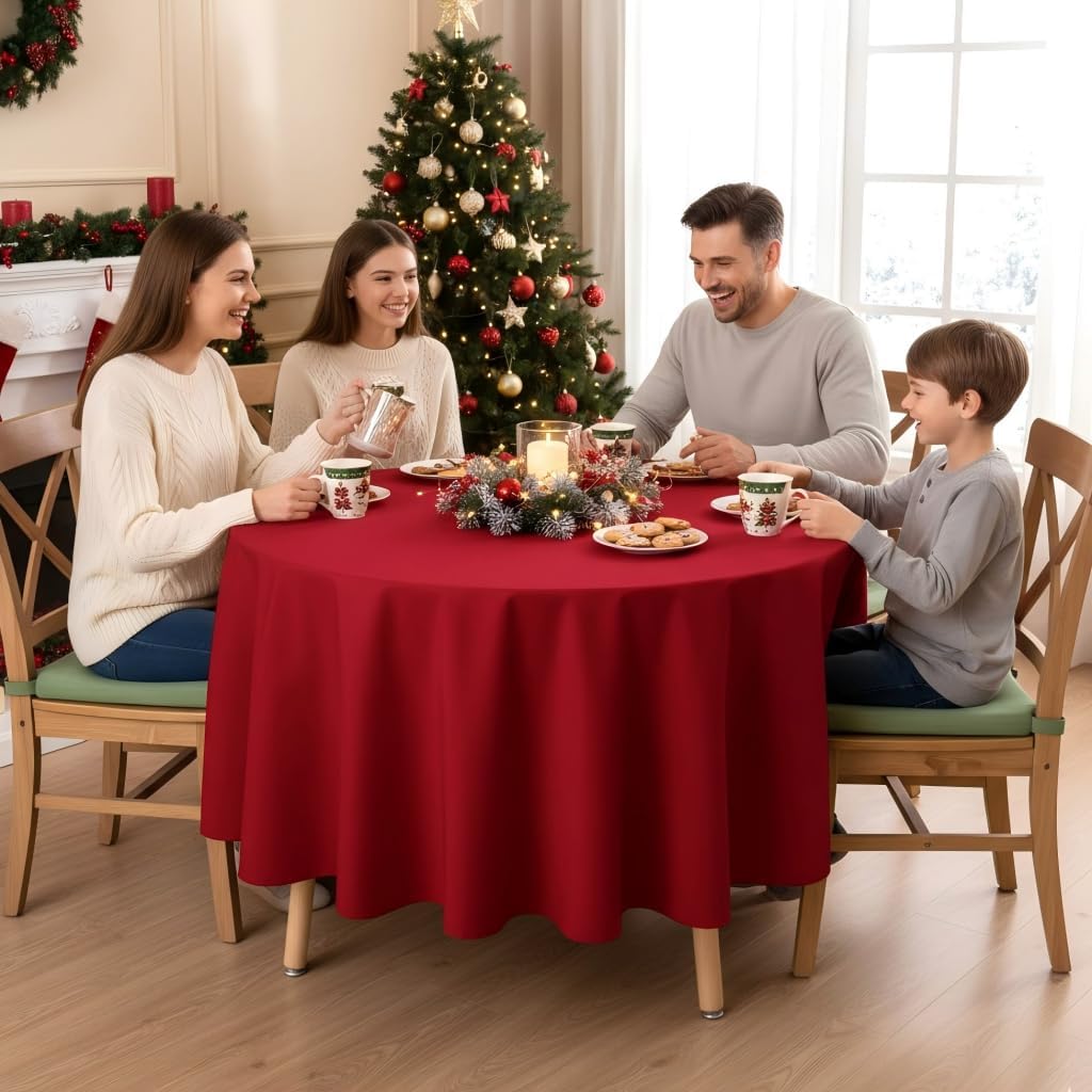 sancua Round Tablecloth - 90 Inch - Water Resistant Spill Proof Washable Polyester Table Cloth Decorative Fabric Table Cover for Dining Tables, Buffet Parties and Camping, Red