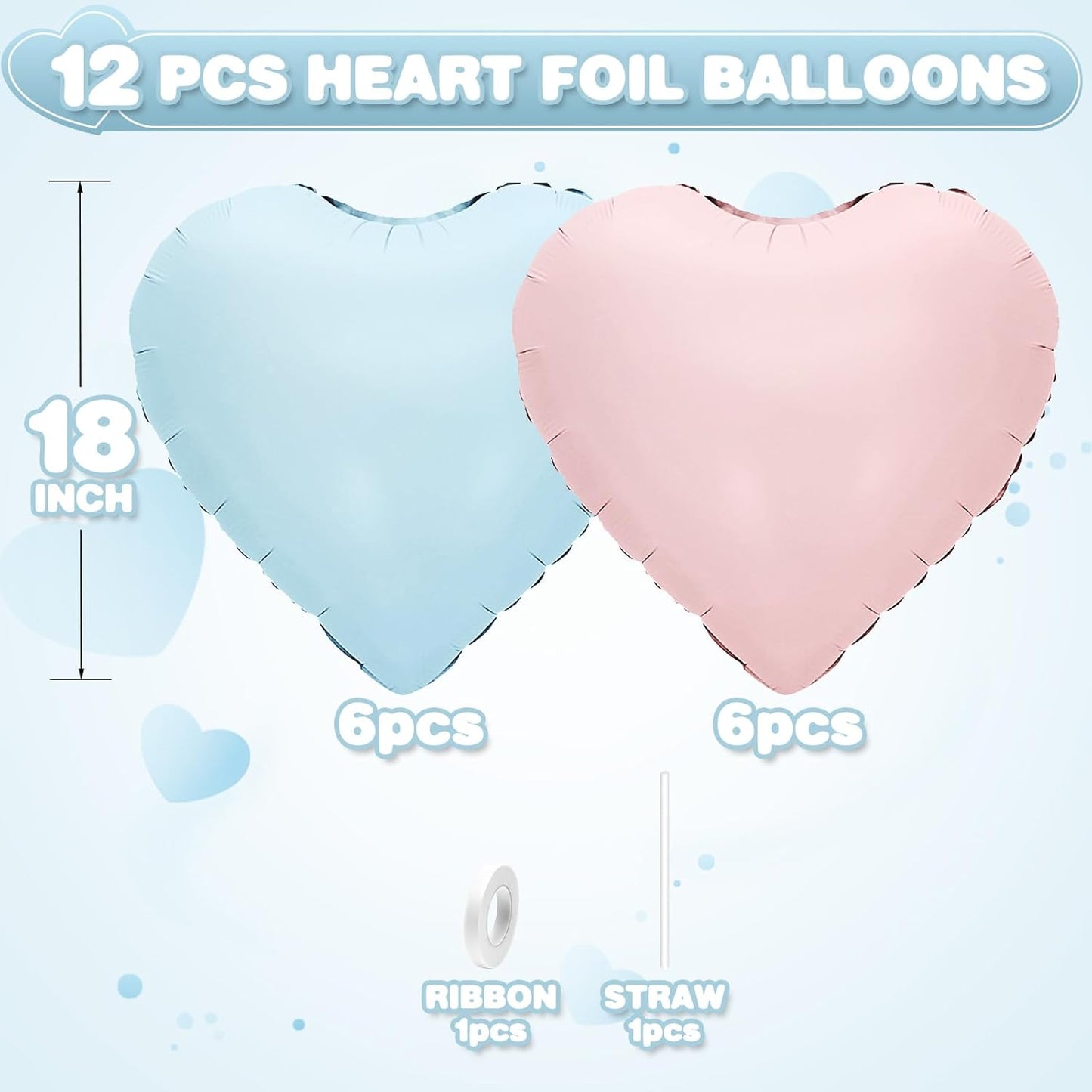 Pink Blue Heart Balloons,12Pcs Baby Pink Heart Shaped Foil Balloons,18Inch Pastel Blue Helium Balloon for Baby Shower Birthday Anniversary Wedding Party Decorations