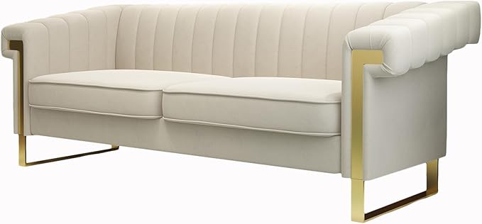 Mid-Century Modern Beige Velvet Sofa - Image 8