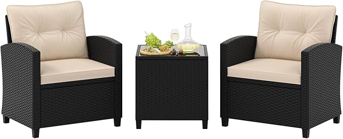 Tangkula 3 Piece Patio Furniture Set, Rattan Conversation Set w/Soft Seat & by TANGKULA