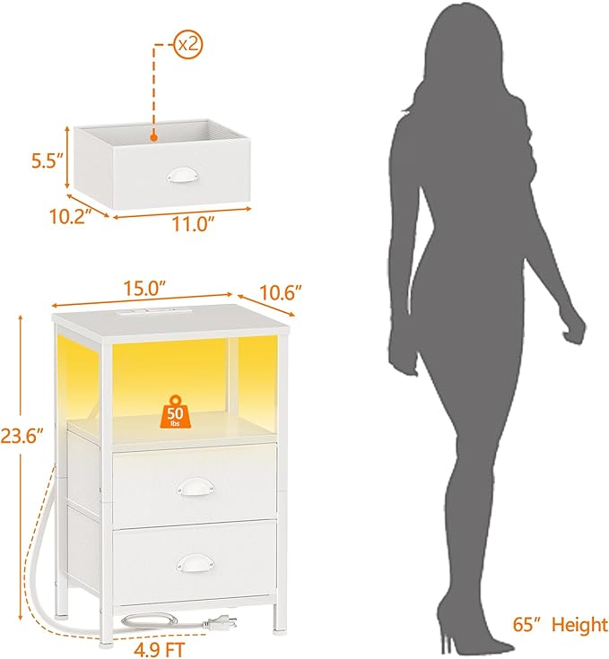 Furologee LED Night Stand with Charging Station, Bedside Table with Storage - Image 3