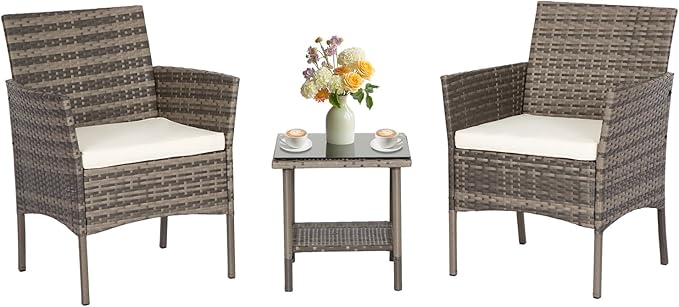 FDW 3 Piece Outdoor Furniture Set Patio Gray Wicker Chairs Furniture Bistro by FDW