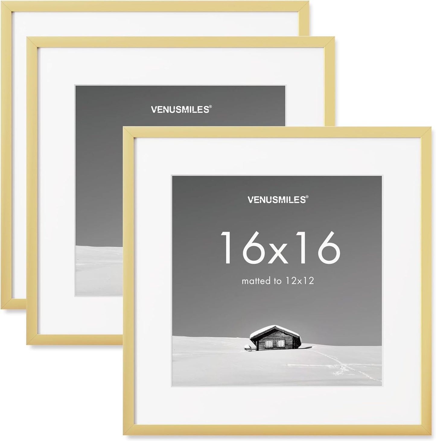 16x16 inch Picture Frame, 16x16 Photo Frames with 12x12 Removable Mat - High Definition Plexiglass - Vertical and Horizontal Display - Wall Hanging Frame - Gold, 3 Pack