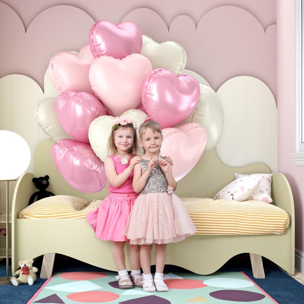 12 Pcs Heart Balloons, 18 inch Pink White Heart Shaped Balloons, Big Foil Helium Balloon, Pink Love Foil Balloon for Wedding Baby Shower Valentine Party Decorations