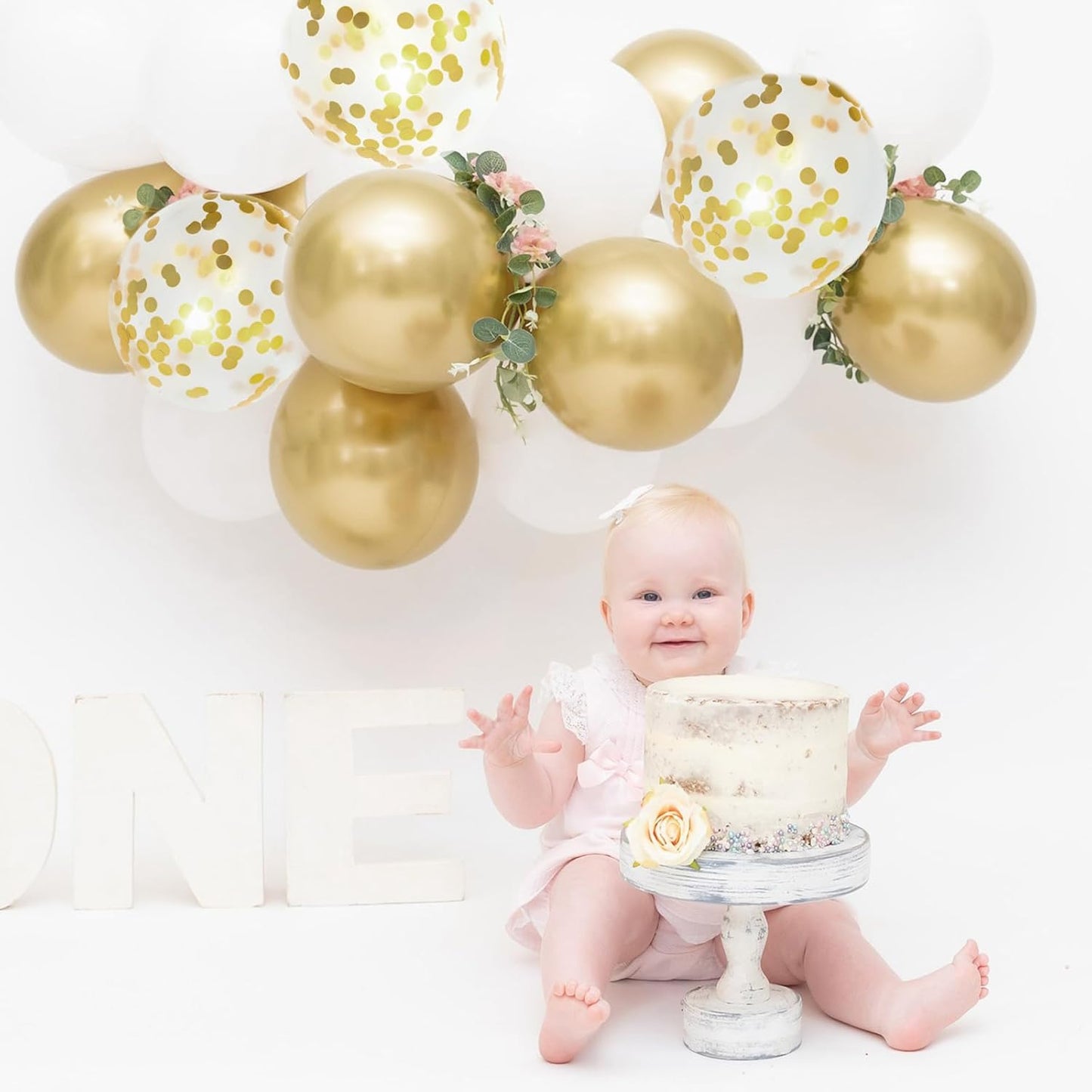 Patimate White and Gold Balloons Set, 50 pcs 12 inch Metallic Gold White Gold Confetti Latex Balloons Kit for Birthday Engagement Wedding Anniversary Party Decorations