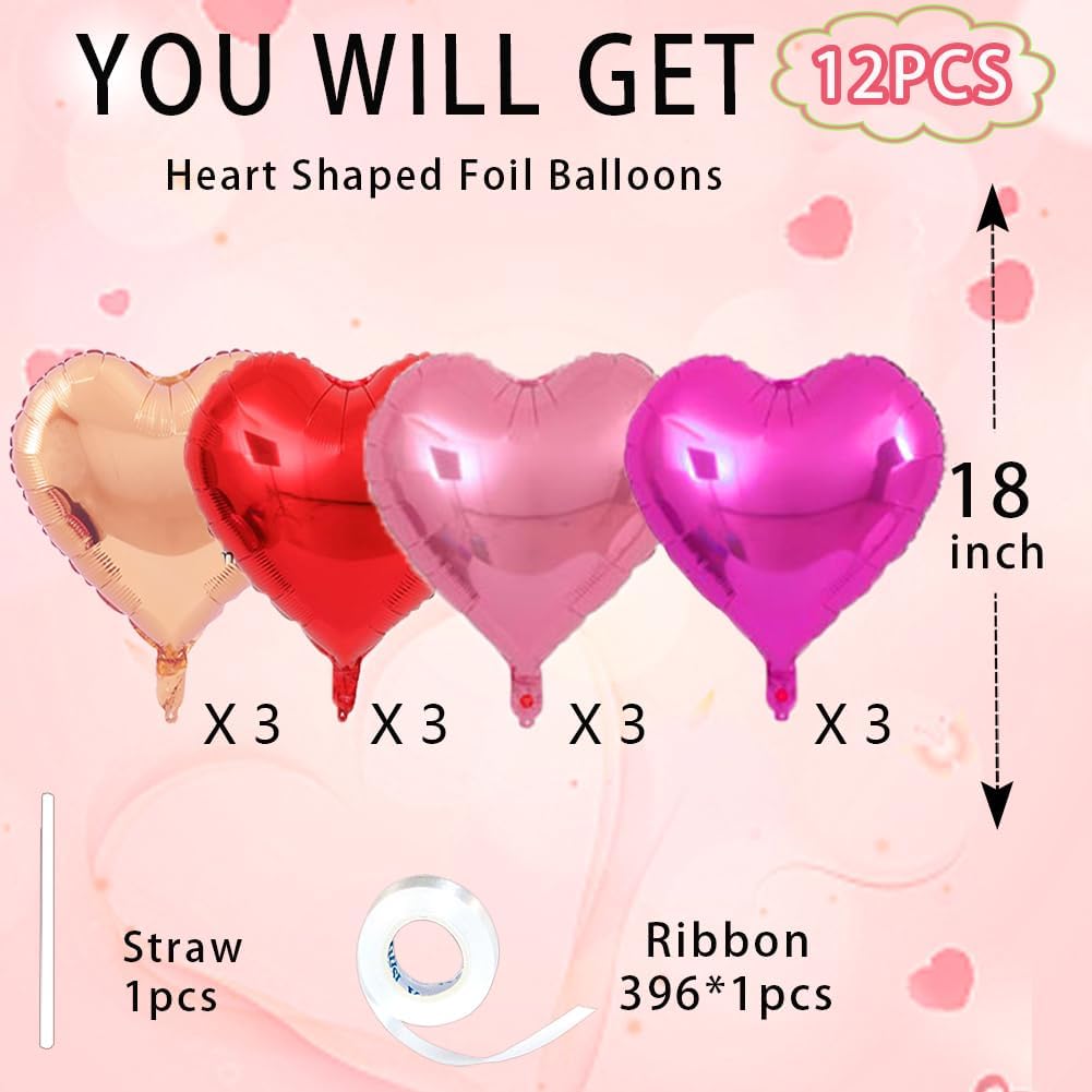 Rose Gold & Red Heart Balloons，18 Inch Purple Foil Love Heart Shaped Balloons for Bridal Wedding Engagement Party Anniversary Birthday Baby Shower Valentines Decorations 12Pcs