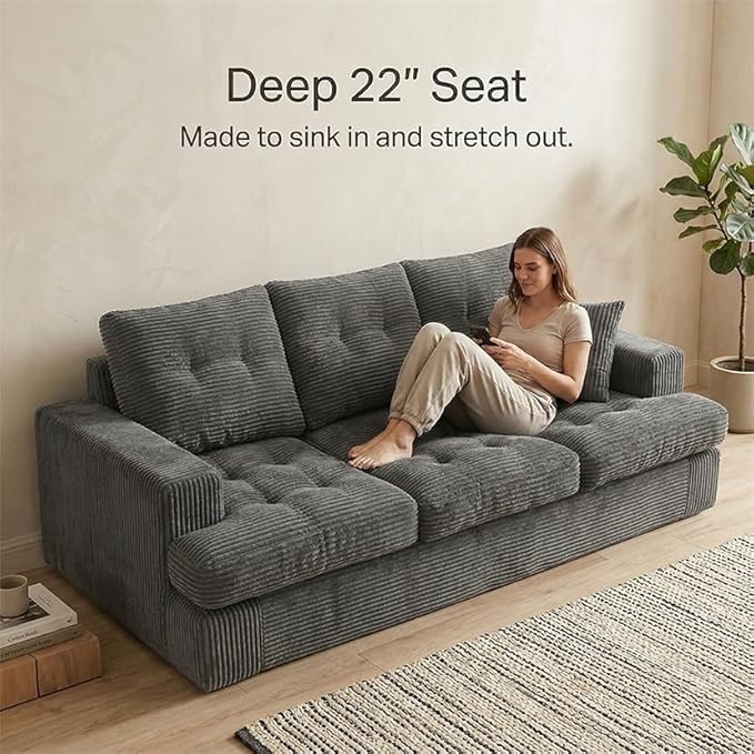 85" Corduroy 3 Seater Sofa in a Box, High-Density Foam Couch, No Assembly - Image 4