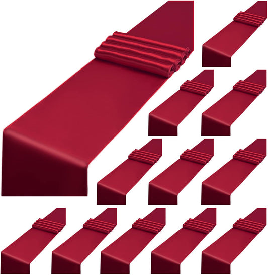 12 Pack Burgundy Satin Table Runner,12 x 108 inch Long Premium Smooth Table Runner for Wedding, Banquets, Birthday, Party, Graduation, Engagements,Table Runners fit Rectangle and Round Table