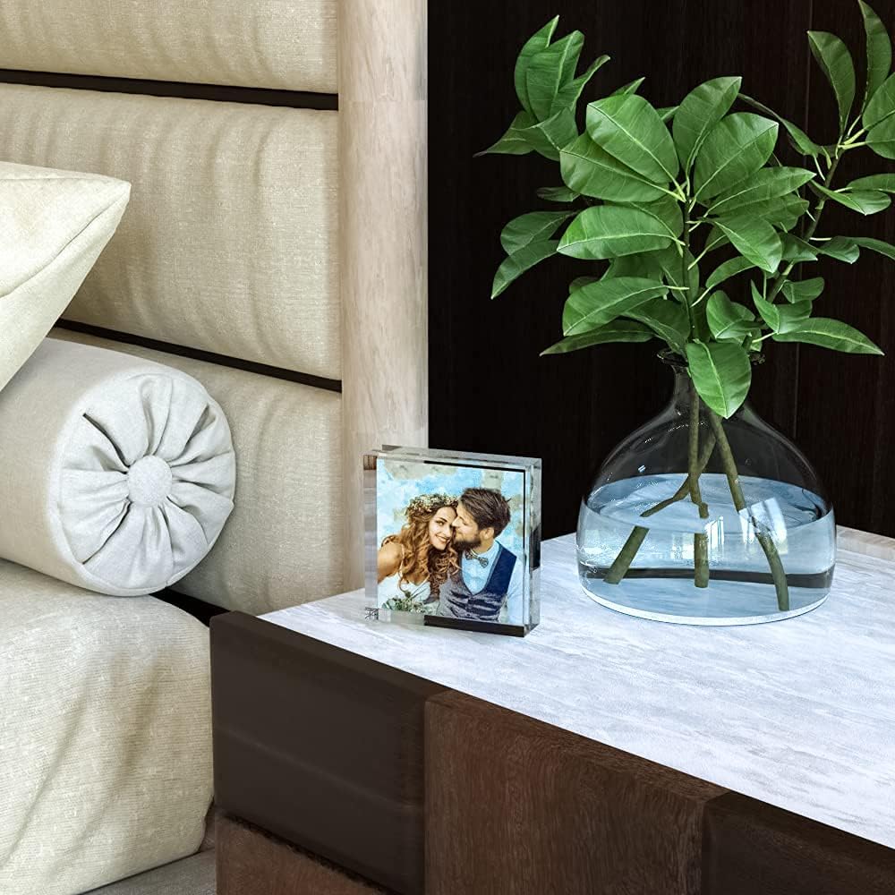 HELPLEX Acrylic Frames, 2 Pack 4x4, 20mm Thicker Frameless Clear Frame, Double Sided Magnetic, Free Standing Desktop Display