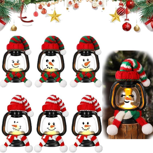 Mini Snowman Lantern with Hats and Scarves, Mini Candle Christmas Snowman Lanterns Decoration, Small Winter Portable Tabletop Centerpiece for Holiday Party Favor(6pcs)