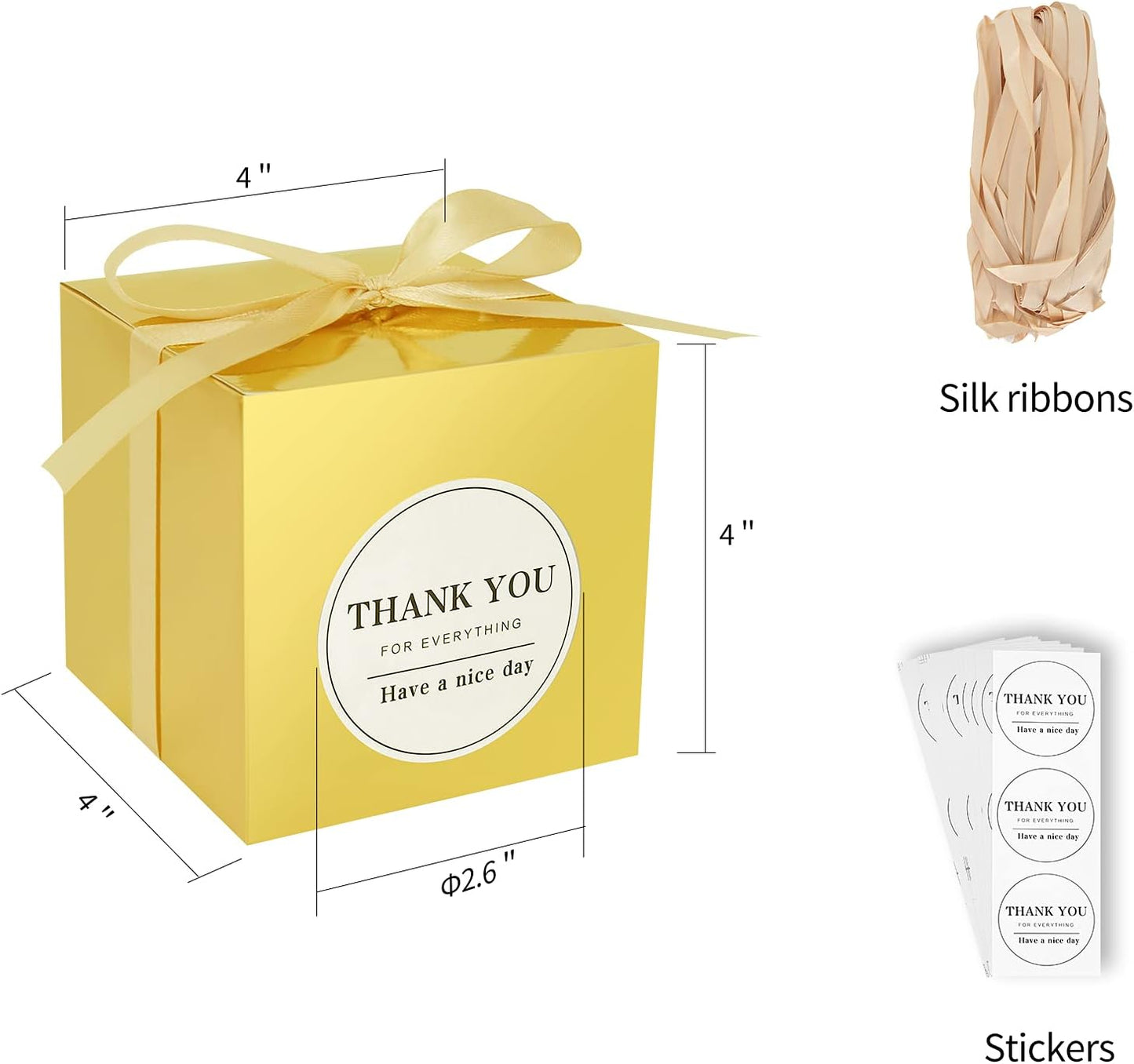 COTOPHER Small Gift Boxes 60 Pack 4x4x4 inches Gold Gift Boxes with Lids for Gifts, Crafting, Wedding Party Favor, Cupcake Boxes, Candy, Bridesmaids Proposal Box with Ribbons and Stickers (Metallic