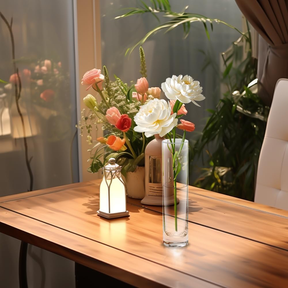 12 Pack 7.5 Inch Glass Cylinder Bud Vases for Centerpieces Clear Slim Flower Vases Tall Glass Cylinder Vase Small Vase for Single Rose Vases Bulk, Home Aesthetic Desk Decor