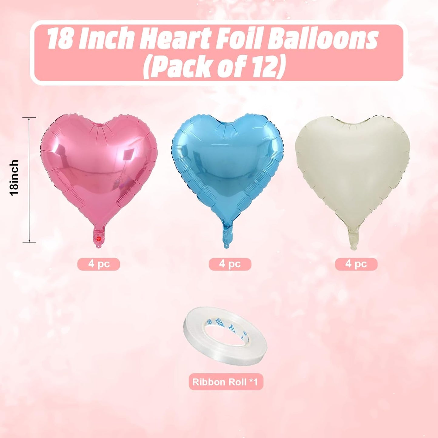 Pink Blue Heart Balloons, 18 Inch Nude White Blue Heart Shape Balloon, 12PCS Pink Cream White Helium Foil Heart Balloon for Birthday Baby Shower Engagement Wedding Anniversary Party Decoration