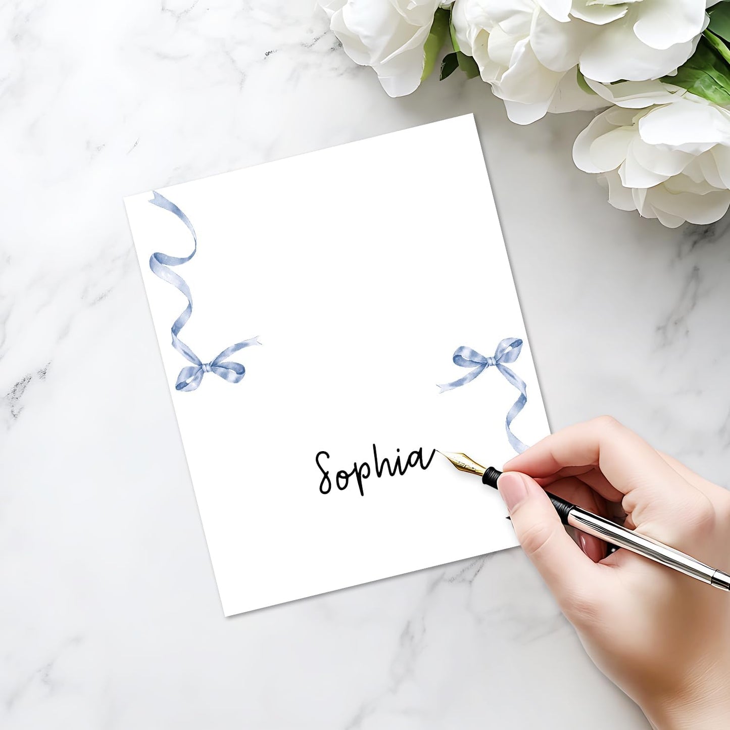 25 Pack Blue Bow Place Cards, Editable Name Cards for Table Setting, Tent Cards Food Label for Dinner Party, Bridal Shower, Wedding, Baby Shower and Events -T27