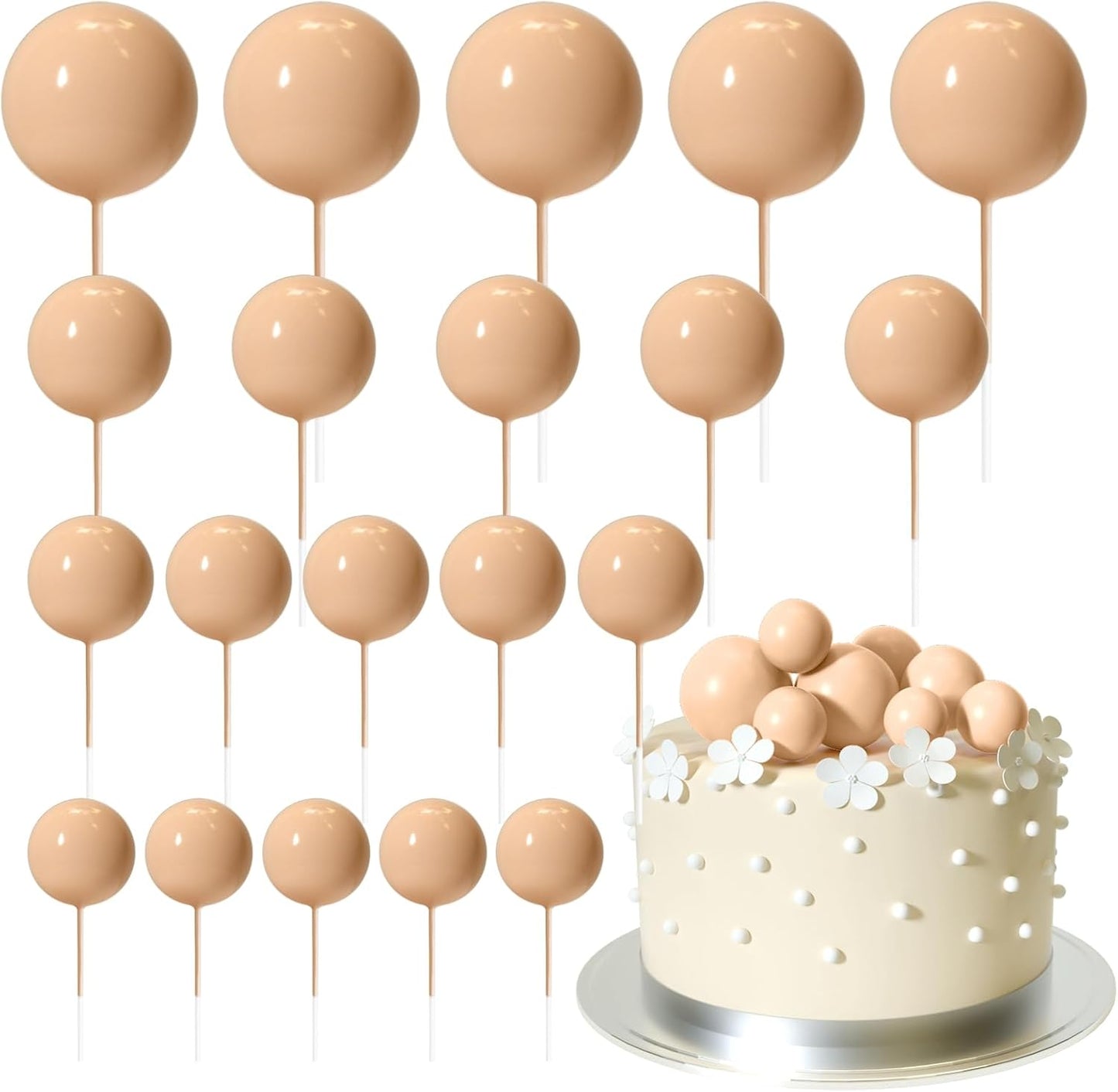 ASTARON 20 Pcs Ball Cake Topper Decorations Mini Balloons Cake Topper Sticks Light Brown Balls Cake Picks Cake Topper Balls Cake Decorations for Wedding Birthday Cake Decorations