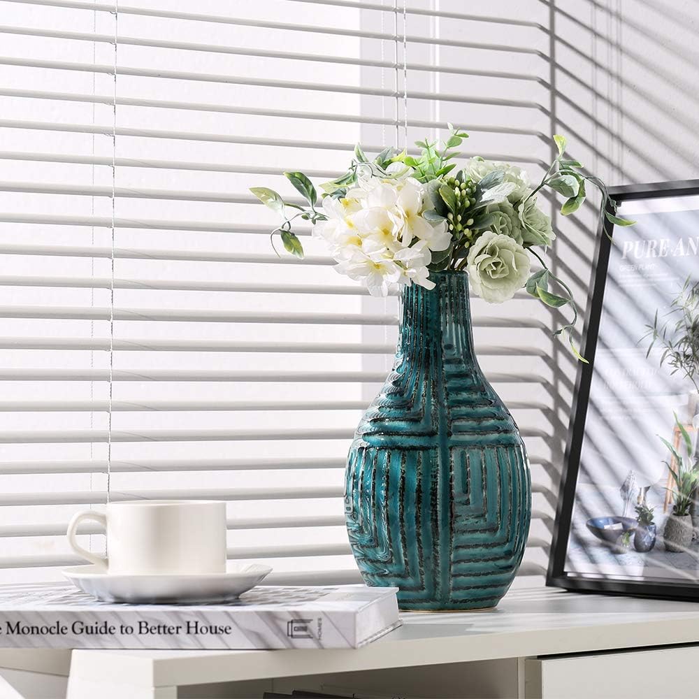 hjn Ceramic Vase - Teal Vase for Home Decor, Modern Decor Accents - Teal, Small - 9.4" H