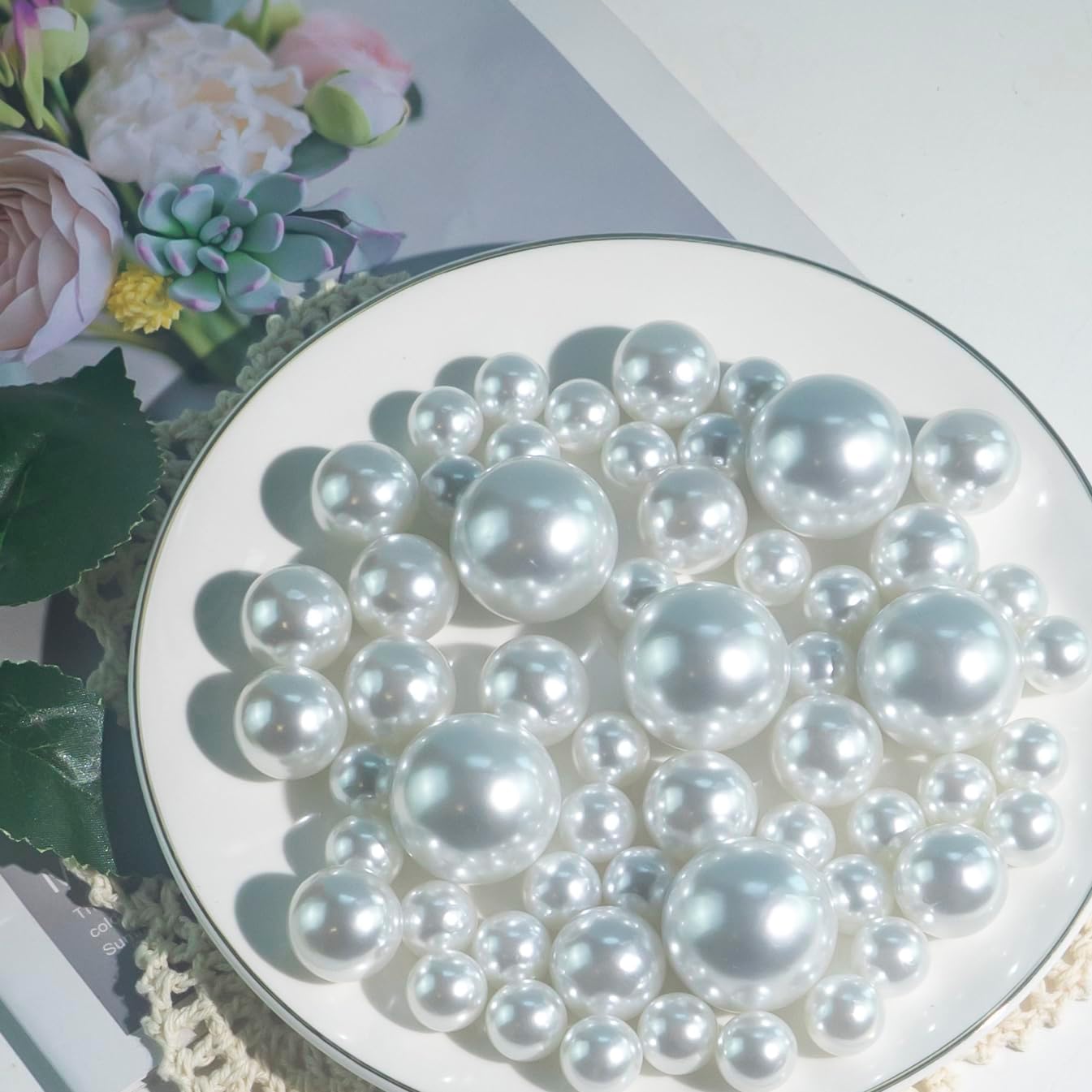 300Pcs White Polished No Hole Faux Pearl Beads for Vase Filling Decorations, Plastic Pearls Vase Fillers, Table Scatters, Wedding Centerpiece, Home Decor, 8/14/20 mm